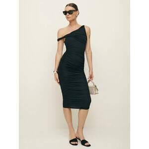 Reformation Alycia Black One Shoulder Ruched Knit Midi Dress NWT L